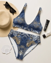 Prémium Magas Derekú Női Bikini Szett - Levél Mintás Golden Tropic Edition (UPF50+)