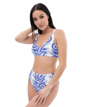 Prémium Magas Derekú Női Bikini Szett - Kék Mintás Royal Floral Edition (UPF50+)