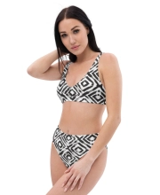 Prémium Magas Derekú Női Bikini Szett - Fekete-Fehér Aztec Tribal Geometric Edition (UPF50+)
