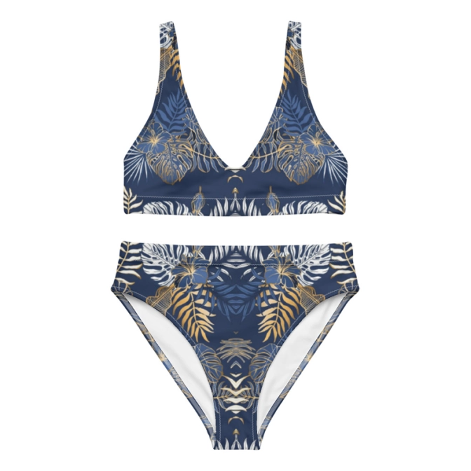 Prémium Magas Derekú Női Bikini Szett - Levél Mintás Golden Tropic Edition (UPF50+)