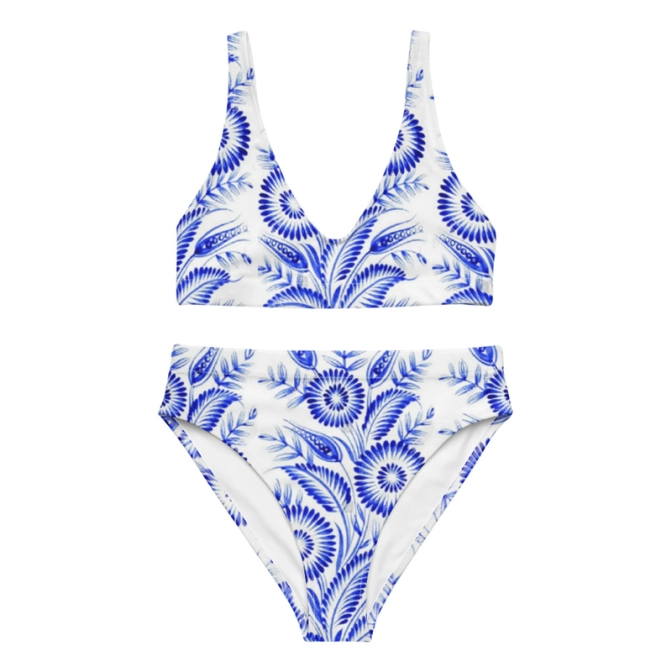 Prémium Magas Derekú Női Bikini Szett - Kék Mintás Royal Floral Edition (UPF50+)