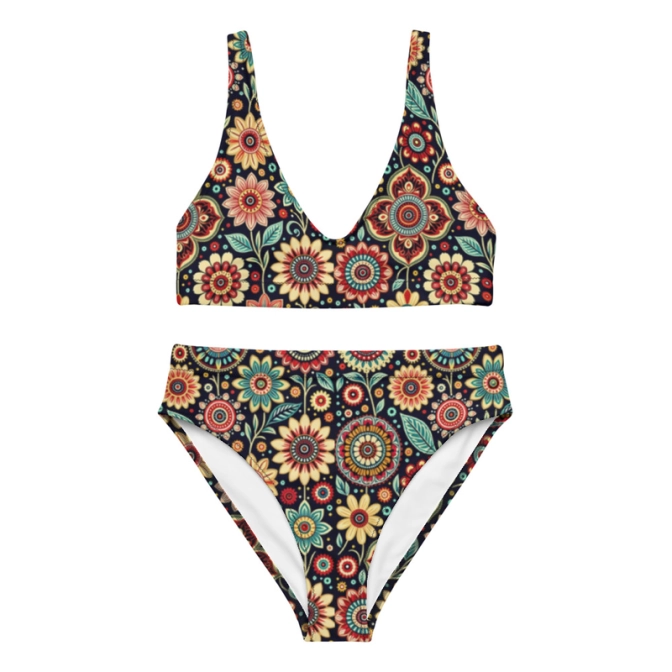 Prémium Magas Derekú Női Bikini Szett - Színes Virágos Retro Bloom Edition (UPF50+)