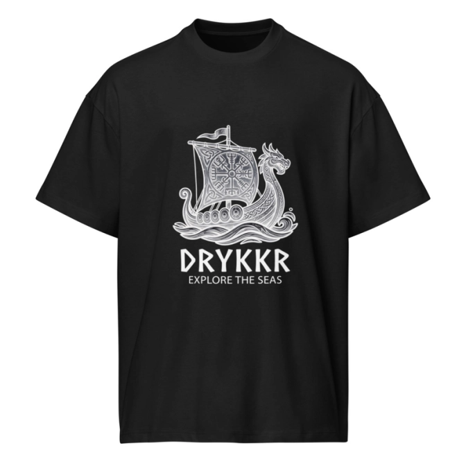Férfi túlméretezett pamut póló - DRAKKAR viking hajó mintával