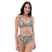 Prémium Magas Derekú Női Bikini Szett - Fekete-Fehér Aztec Tribal Geometric Edition (UPF50+)