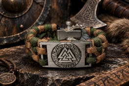 Ink2be Valknut Shield Paracord Karkötő – Camo Zöld-Barna & Rúnás Acéllappal