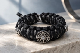 Ink2be Royal Crest Paracord Karkötő – Fekete-Szürke Fonással & Ezüst Medállal
